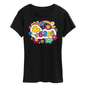 Women's - Peanuts - Peace Floral & Colorful Woodstock Short Sleeve Graphic T-Shirt - 1 of 4