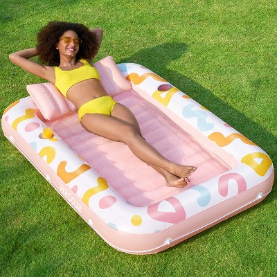 Sloosh Pool Tanning Adult Pool Float Bed with Pillow, Inflatable Suntan Tub Floatie Raft Tanning Pool for Adult - Pink Doodle