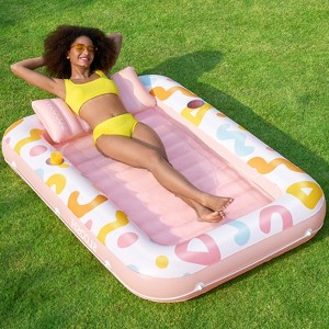 Sloosh Pool Tanning Adult Pool Float Bed with Pillow, Inflatable Suntan Tub Floatie Raft Tanning Pool for Adult - Pink Doodle - 1 of 4
