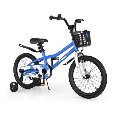 Infans 18 Inch Kids Bike w/Training Wheels & Handbrake, Fully Enclosed Chain, Adjustable Handlebar & Seat w/Basket, Blue Graffiti Pattern