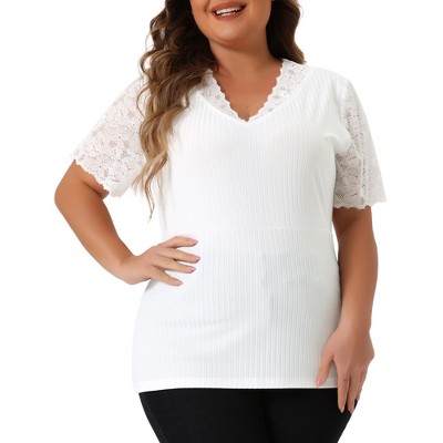 Agnes Orinda Women's Plus Size Summer V Neck Short Sleeve Elegant Lace Ribbed Knit Tunic Blouse