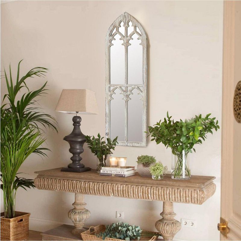 LuxenHome Distressed White Wood Cathedral Framed Wall Mirror, 3 of 9