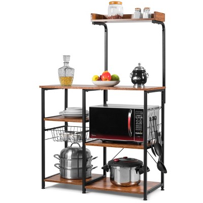 4-Tier Kitchen Bakers Rack with 6 S-Hooks and Stemware Racks-Rustic Brown | Costway