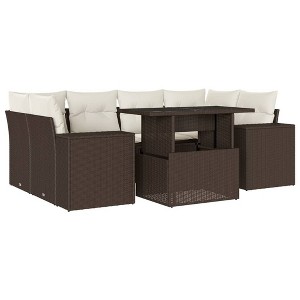 vidaXL Patio Sofa Set with Cushions Outdoor Furniture 7 Piece Poly Rattan - Brown and Cream without Storage - 1 of 4