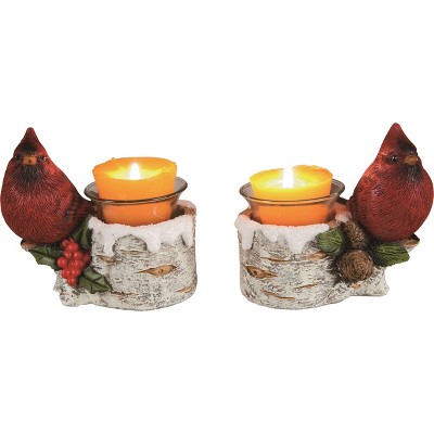 Transpac Resin Glass Cardinal Candle Holder Set of 2 Christmas Home Decorations
