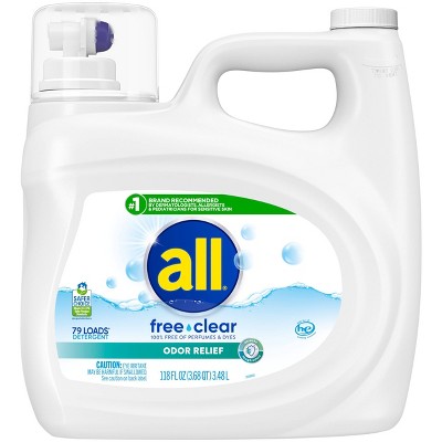 All Ultra Free Clear Odor Relief HE Liquid Laundry Detergent 79 Loads - 118 fl oz: Dermatologist Tested, Sensitive Formula, Hypoallergenic