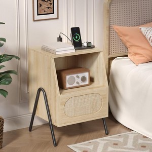 VINGLI Rattan Nightstands Set of 2 with Charging Station, 17.6" W Boho Nightstand with Drawer, Wood Nightstand Bedroom - 1 of 4