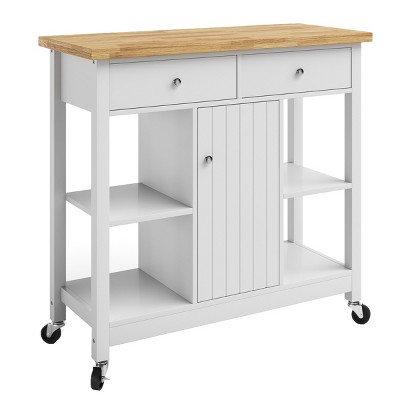 White Wood Butcher Block Kitchen Cart with Storage