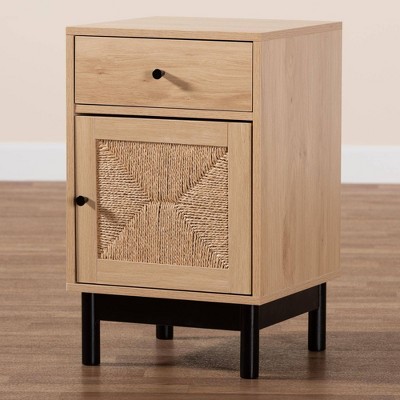 Light Brown Wood Accent Table with Woven Storage