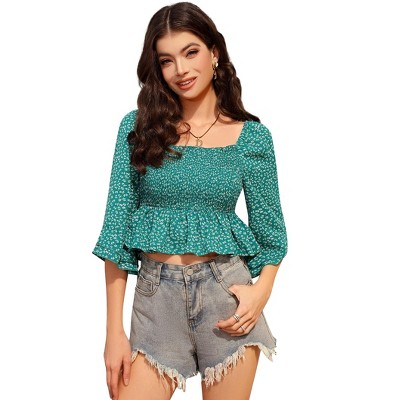 Blouses for Women Puff Long Sleeve Shirts Square Neck Casual Smocked Tunic Tops