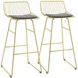 HOMCOM Modern Bar Stools Set of 2, Metal Wire Bar Height Barstools, Bar Chairs for Kitchen with Removable Cushion, Back and Footrest, Gold