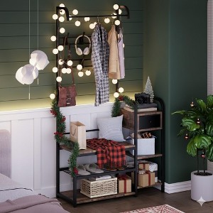 Hall Tree Shoe Bench, Industrial Entryway Bench w/ 8 Hooks, 5-in-1 Hall Tree w/ Drawer, Coat Rack, Retro Brown. - 1 of 4