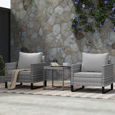 Gray Wicker Bistro Set with Cushions and Glass Table