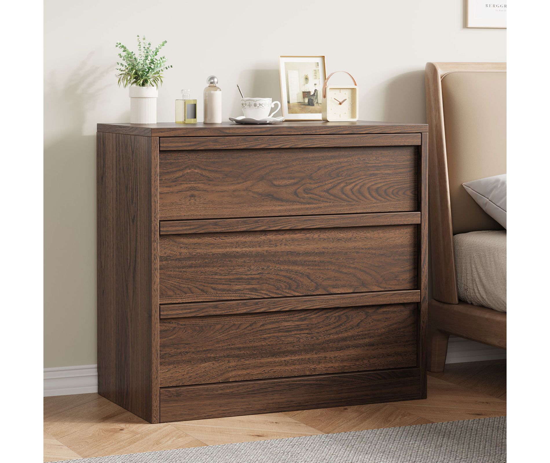 3 Drawer Dresser for Bedroom, Walnut Nightstand 3 Chest of Drawers with Large Storage, Small Bedside Table for Living Room, Nursery, Entryway