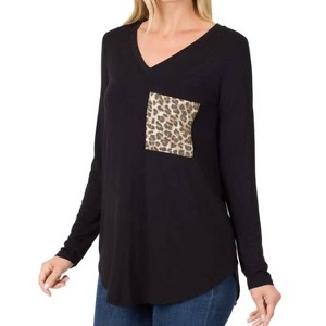 Women's Leopard Pocket V-neck Long Sleeve Top - ZENANA - 1 of 2