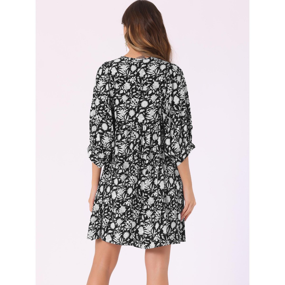 Женские платья INSPIRE CHIC Women's Floral V Neck 3/4 Sleeve Casual Mini Flare Dress Black Small — фото 4
