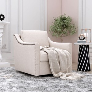 360 Degree Swivel Armchair Cotton Linen Skin-Friendly Fabric Ergonomic Design Brass Nail Decorative Armchair With Black Legs-Cuddlewood - 1 of 4