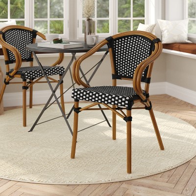 Black and White Wicker Rattan Bistro Dining Chair with Brown Metal Frame