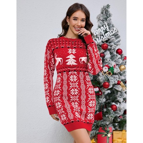 MISSKY Women s Ugly Christmas Sweater Long Sleeve Round Neck Slim Mini Dress Red L