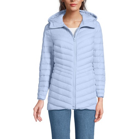 Lands End Women s Wanderweight Packable Down Hooded Long Jacket Small Light Cornflower