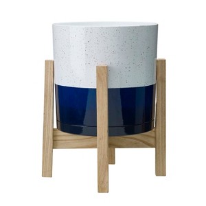 8" Henrietta Planter in White & Blue Two Tone Finish w/ Wood Stand - Southern Patio - 1 of 3