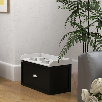 White and Black Elevated Dog Feeding Station with Storage Drawer