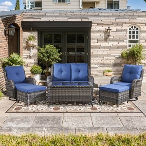 Gymojoy 6 Piece Outdoor Wicker Loveseat Sofa with Patio Swivel Glider Chairs with Coffee Table and Ottoman Sets - 1 of 4