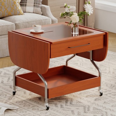 KIGFTSOD Modern Extended Coffee Table with Wheels, Folding Coffee Table with 1 drawer and 2-Tier Storage, Metal Frame Coffee Table for Living Room
