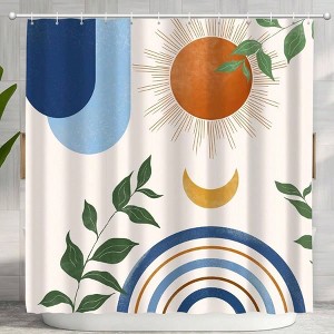 Boho Shower Curtain Set, Blue Leaf Design, 84x72 Inch with 12 Hooks - 1 of 4