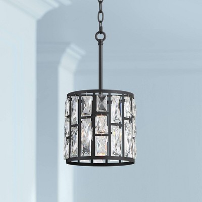 Modern Crystal and Black Metal Mini Drum Pendant Light