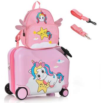 Costway 2PC Kids Ride-on Luggage Set 18'' Carry-on Suitcase & 12'' Backpack Anti-Loss Rope