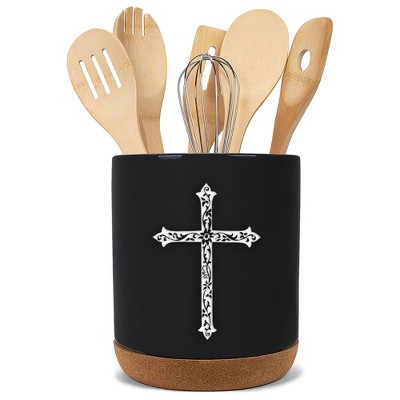 Elanze Designs Cross Black X-Large Cork Bottom Kitchen Utensil Holder