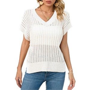 Womens V Neck Summer Pullover Sweater Vests Cap Sleeve Tops Casual Loose Fit Lightweight Knit Vest Tops - 1 of 4