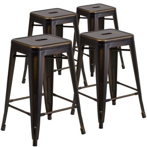 Emma and Oliver Commercial Grade 4 Pack 24" High Backless Distressed Metal Indoor-Outdoor Counter Height Stool - 1 of 4
