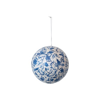 Storied Home Round Printed Paper Mache Ball Ornament with Flowers and Peacock Feather Design, Blue and Cream Color