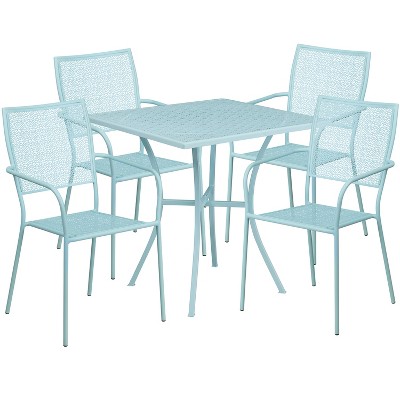 Emma and Oliver Commercial Grade 28" Square Metal Garden Patio Table Set w/ 4 Square Back Chairs
