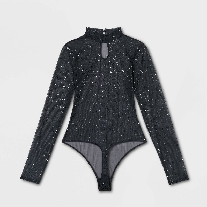Women&#39;s Sequin Mesh Long Sleeve Lingerie Bodysuit - Auden&#8482; Black, 2 of 2