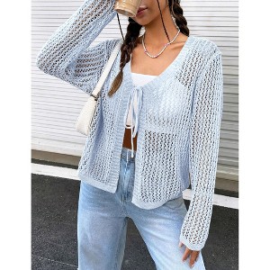 Women's Lightweight Crochet Cardigan Open Front Tie Shrug Knit Crop Top Summer Cardigan - 1 of 4
