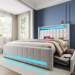 Upholstered Platform Bed Frame with Charging Station, Drawers & LED Headboard - 1 of 4