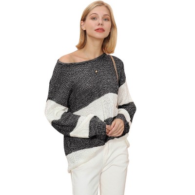 Anna-Kaci Women's Off-Shoulder Color Block Knit Sweater with Long Sleeves