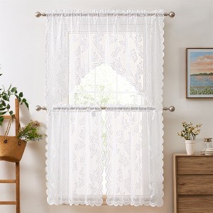 HLC.ME Butterfly Floral Lace - Sheer 3 Piece Kitchen Curtains Set, Swag Valance + 36 inch Tiers Set - 1 of 4