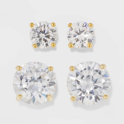 Gold Over Sterling Silver Round Cubic Zirconia Stud Fine Jewelry Earring Set 2pc - A New Day™ Gold/Clear