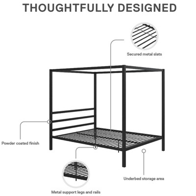 Queen Black Metal Canopy Platform Bed with Headboard and Slats