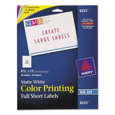 Avery Full-Sheet Vibrant Color-Printing Labels 8 1/2 x 11 Matte White 20/Pack 8255