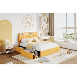 Full Size Platform Bed Frame,Kids Bed Frame with Storage Headboard, 2 Rolling Drawers, Noise Free Bedframe, No Box Spring Needed,Yellow - 1 of 4