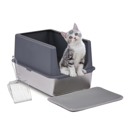 Munora XL Stainless Steel Cat Litter Box with Lid - Extra Large Enclosed Litter Pan with Scoop & Mat