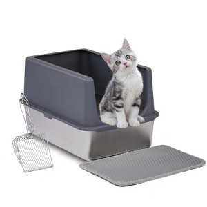 Munora XL Stainless Steel Cat Litter Box with Lid - Extra Large Enclosed Litter Pan with Scoop & Mat - 1 of 4