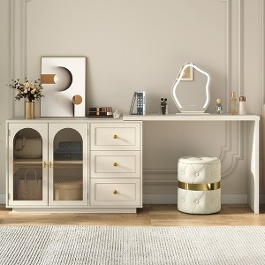 Heynemo Large Extendable Makeup Vanity Desk, Corner Vanity Table with 3 Drawer & Door, Modern Dressing Table and Chest of Drawers Combo, Beige - 1 of 4