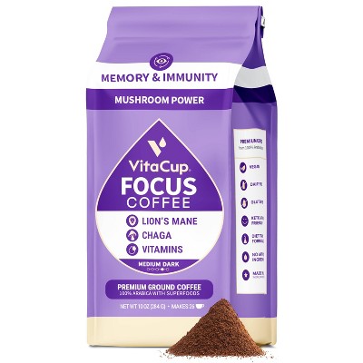VitaCup Focus Ground Coffee Medium Roast Cognitive & Immunity Support Lions Mane, Chaga Mushroom & B Vitamin - 10oz