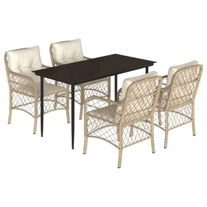 vidaXL 5-Piece Patio Dining Set - Beige Poly Rattan Chairs with Thick Padded Cushions and Tempered Glass Top Table for Garden, Backyard, Patio - 1 of 4